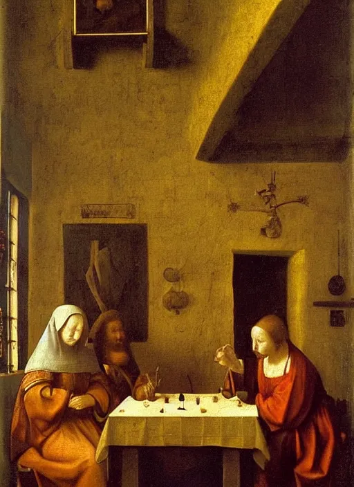 Image similar to a candlelit table at the inn, two people sitting at the table, swirling smoke, dark smoke, realistic, in the style of leonardo da vinci, dutch golden age, amsterdam, medieval painting by jan van eyck, johannes vermeer, florence