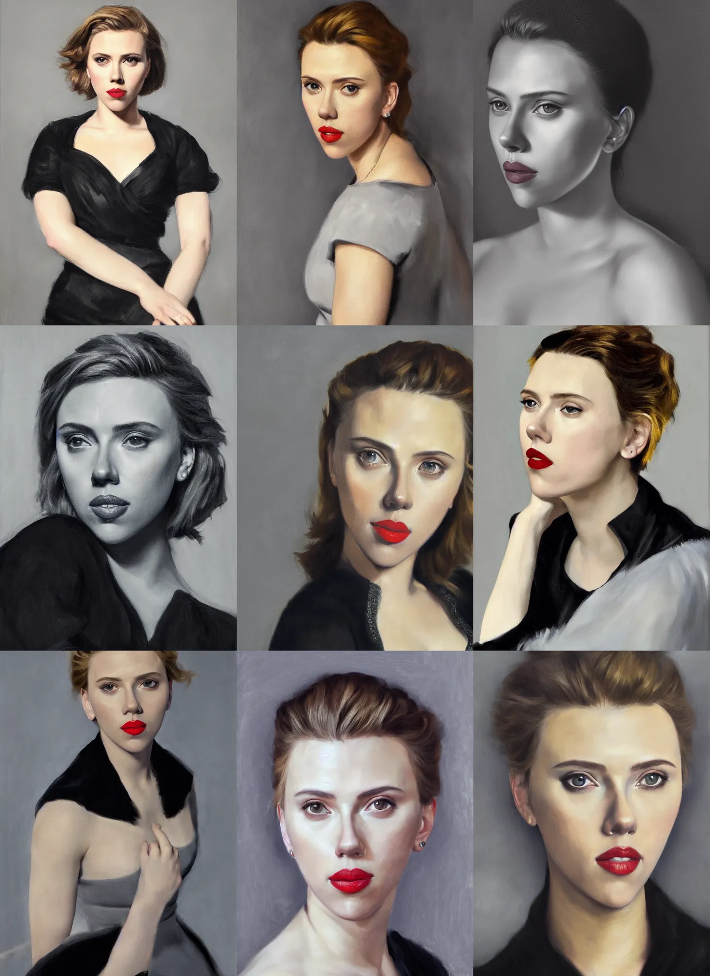 Prompt: portrait of Scarlett Johansson who wears black clothe, light grey backdrop, oil painting by Manet, super detailed, photorealism, 4k, hd