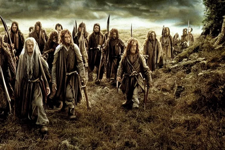 Image similar to movie still from the lord of the rings directed by ridley scott in the style of h. r. giger, frodo and sam leave the shire, dark landscape, cinematic, cinemascope