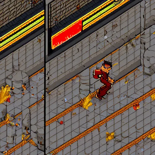 Image similar to ryu trapped in the video game silent hill, isometric style, highly detailed pixel art, production ready