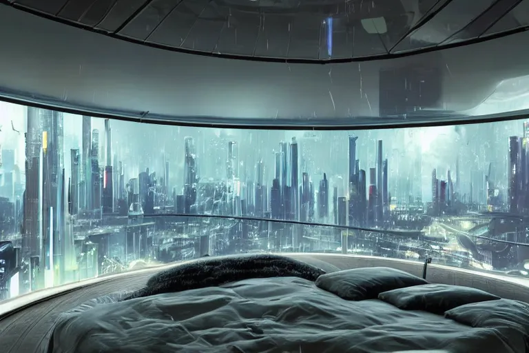 Prompt: a futuristic bedroom with curved ceiling high windows looking out to a far future cyberpunk cityscape, flying cars passing by outside, night time, neon lights, raining