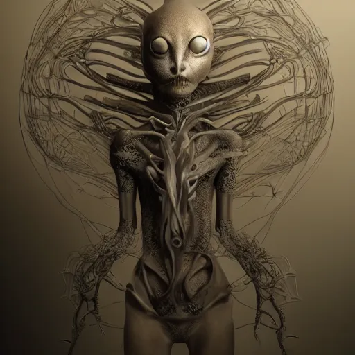 Prompt: hyper realistic photography of an alien, plated arm, intimate, chest, holding close, ribbons, in the style of beth cavener, jin kagetsu,, and wlop, highly detailed, intricate filigree, symmetry, masterpiece, award winning, sharp focus, concept art, highkey lighting, ambient lighting, octane render, 8 k, artstation