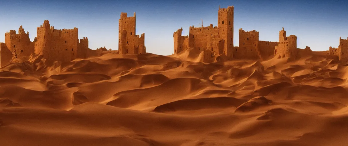 Image similar to an epic castle city standing in Sahara Desert in winter, warm lighting, by Michelangelo