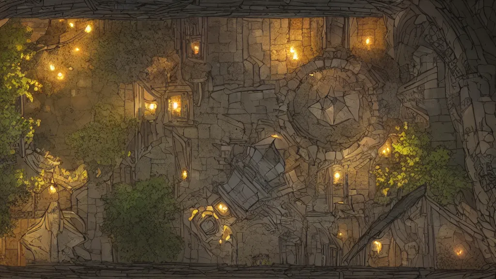 Image similar to wide establishing shot of a dungeons and dragons battle map, top view of inside of a great hall inside a castle, dynamic composition, dramatic lighting, trending on artstation, digital art, stylized painting