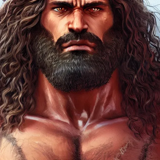 Prompt: close up portrait of a male barbarian, long curly hair, unkempt beard, brown skin, angry look, high fantasy, highly detailed, smooth, sharp focus, matte painting, by ilya kuvshinov katsuhiro