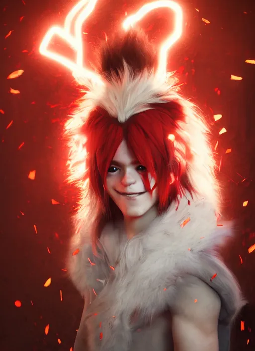 Image similar to An epic fantasy comic book style portrait painting of a young fairy boy with red wings, pointy red hair, white glowing eyes, smiling, red long hair red coat. Unreal 5, DAZ, hyperrealistic, octane render, cosplay, RPG portrait, dynamic lighting