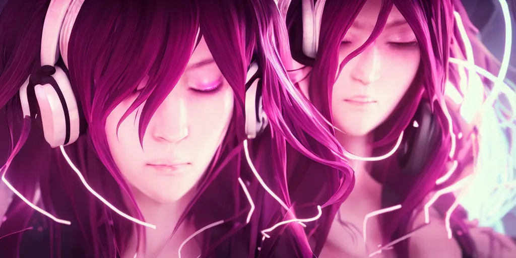 Image similar to beautiful portrait of a woman with pastel long hair with her eyes closed facing the camera centered with headphones on in the style of a code vein character, momo from twice in code vein in the style of WLOP, artgerm, yasutomo oka, rendered in unreal engine and redshift octane , background is surrounded by epic neon glitch effect digital art dynamic dramatic lighting, soft lighting, imagine fx, artstation, cgsociety, by Bandai Namco artist,