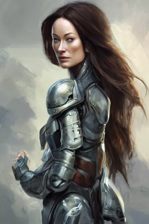 Image similar to a professional painting of a young Olivia Wilde, clothes in military armor, olive skin, long dark hair, beautiful bone structure, symmetrical facial features, intricate, elegant, digital painting, concept art, smooth, sharp focus, illustration, from StarCraft by Ruan Jia and Mandy Jurgens and Artgerm and William-Adolphe Bouguerea