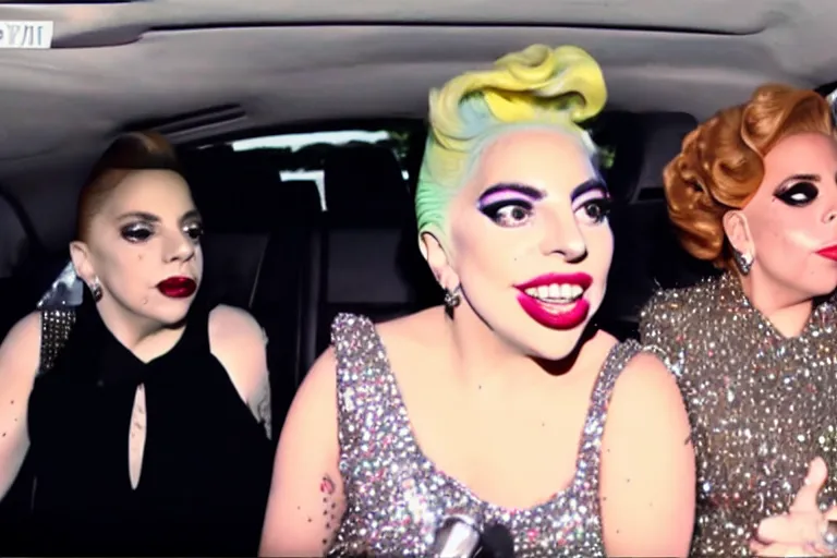 Image similar to lady gaga and judy garland doing carpool karaoke, lady gaga and judy garland, carpool karaoke, lady gaga, judy garland, carpool karaoke, youtube video screenshot, the late late show with james corden, higly realistic, high resolution, dashcam