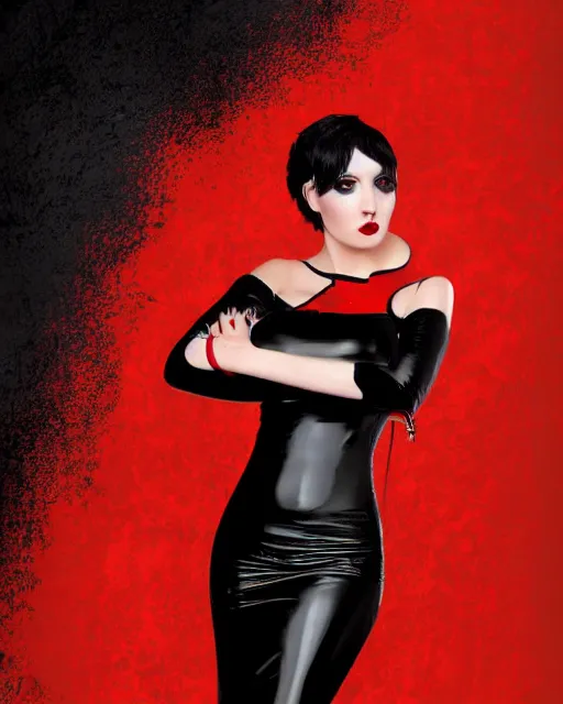 Image similar to Digital painting of a female model posing in a black latex dress, gothic, short red hair, black and red tones, dramatic background