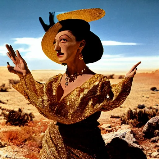 Image similar to salvador dali wearing a golden dress with jewels in a dry rocky desert landscape, visible sky and sunny atmosphere, film still from the movie by alejandro jodorowsky with cinematogrophy of christopher doyle and art direction by hans giger, anamorphic lens, kodakchrome, very detailed photo, 8 k