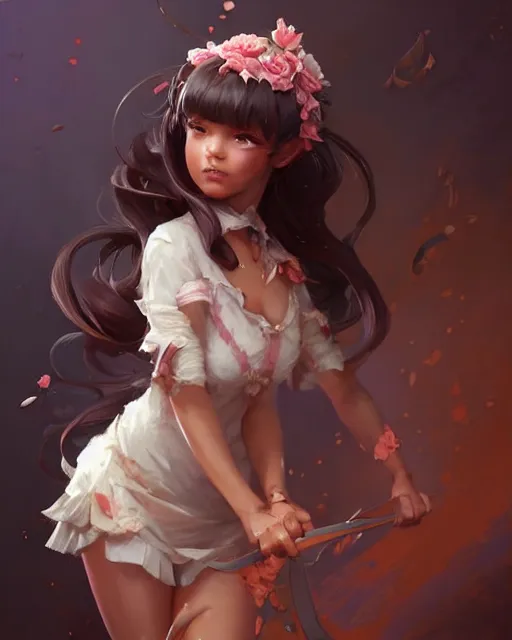 Image similar to a ( ( girl as personification of chocolate cupcake ) ), beauty, fantasy bakery, digital painting by krenz cushart, greg rutkowski, artgerm, laurie greasly, wlop, intricate, highly detailed!!, sharp focus, smooth, epic composition, joyful, unreal engine, masterpiece, 8 k, interesting background