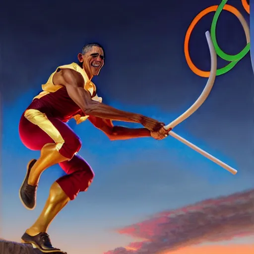 Prompt: barrack obama throwing a javelin in traditional olympic uniform, detailed, digital painting, artstation, concept art, donato giancola, joseph christian leyendecker, wlop, boris vallejo, breathtaking, high details, extremely detailed, establishing shot, artistic, hyper realistic, octane render