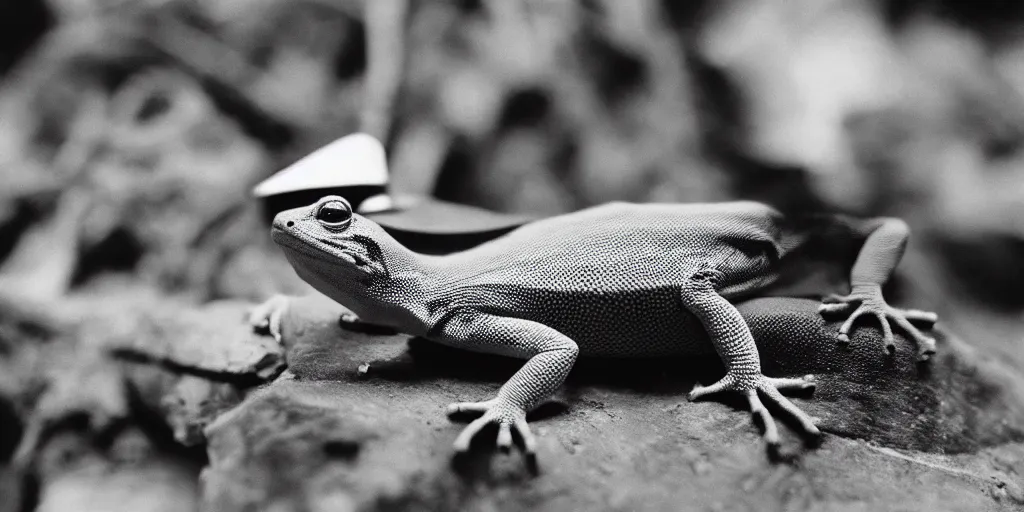Prompt: 1980s 35 mm depth of field photo of a gecko wearing a wizard hat