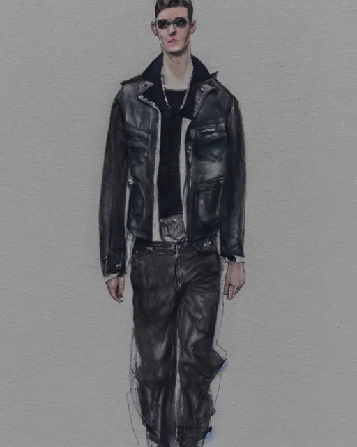 Image similar to rough watercolor sketch of a male model wearing a cropped baggy menswear moto jacket by alexander mcqueen, 4 k, astonishing detail, studio lighting, wide angle lens