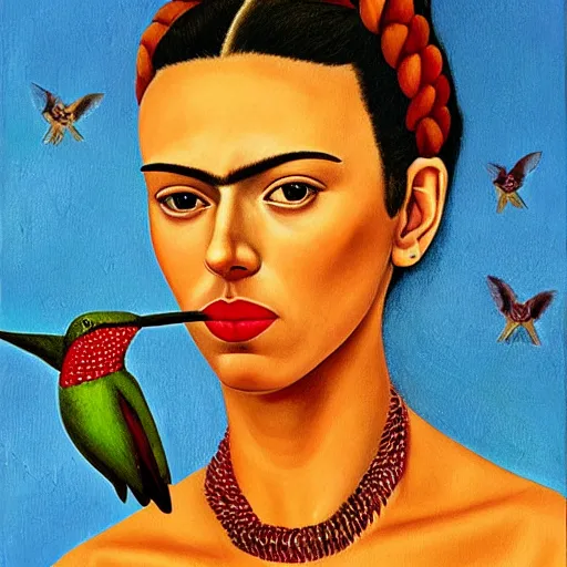 Prompt: painting Self-Portrait of scarlett johansson with Thorn Necklace and Hummingbird, by Frida Kahlo