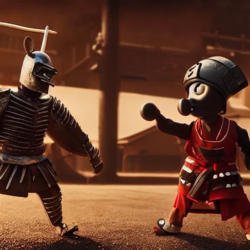 Prompt: scary Godlike masked and helmeted samurai in the style of Wallace and Gromit , award winning , post processing , suspenseful , masterpiece , octane rendered