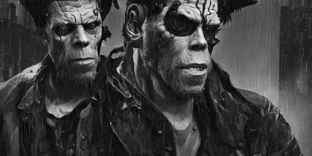 Image similar to Tom Waits as cyberpunk Hellboy design, kim jung gi, Greg Rutkowski, Darek Zabrocki, Karlkka, Jayison Devadas, Phuoc Quan, trending on Artstation, 8K, ultra wide angle, pincushion lens effect