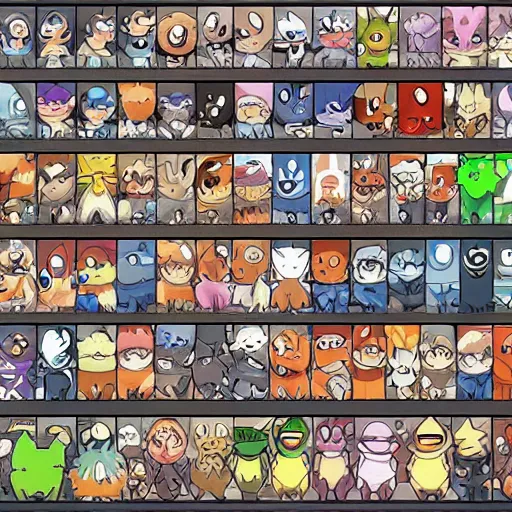 Image similar to zoomed in sprite sheet, collection of cute pokemons, anime, illustration, character concept art, character modeling, each sprite is a different character, full page grid sprite sheet, science fiction, rich colors