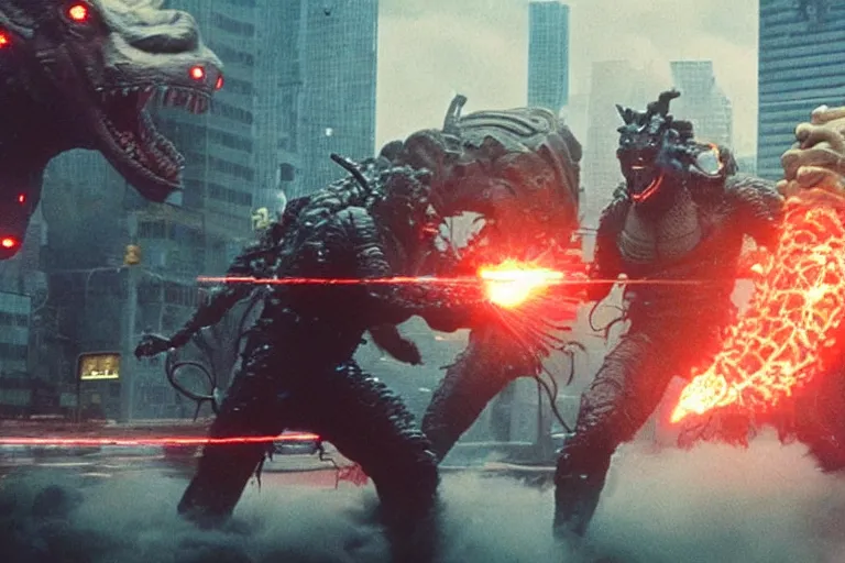 Image similar to film still of the ghostbusters fighting a kaiju in tokyo in the new pacific rim king of the monsters movie