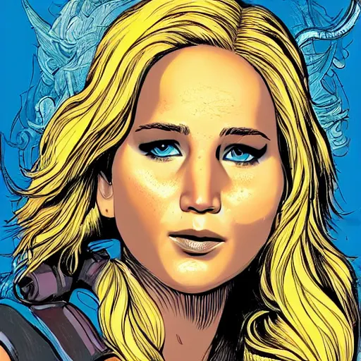 Prompt: precisely drawn illustration of Jennifer Lawrence blended with Vidya Balan, wide angle, sharp, fine details, French comic style, vibrant realistic colors, full color, heroic fantasy, intense line art, 8k, precise linework, realistic, in the style of Heavy Metal Comics and Richard Corben and Moebius