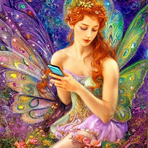 Prompt: a fairy checking her cell phone by senior concept artist josephine wall, acrylic on canvas, intricately detailed, high resolution trending on artstation