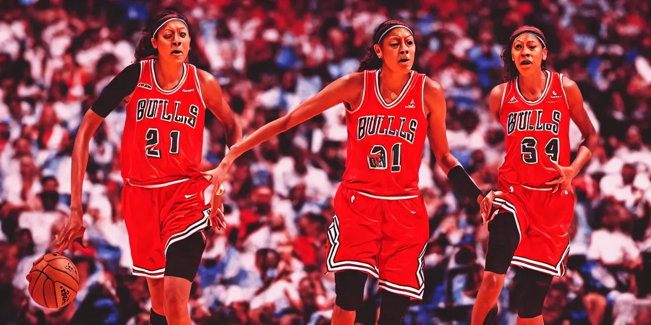 Image similar to candace parker in bulls jersey, high contrast, high saturation cinematic film still