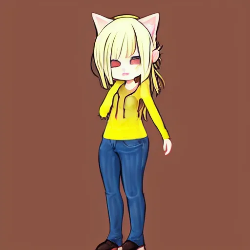 Prompt: full body character concept art of a little cat girl with yellow hair and blue eyes in chibi style