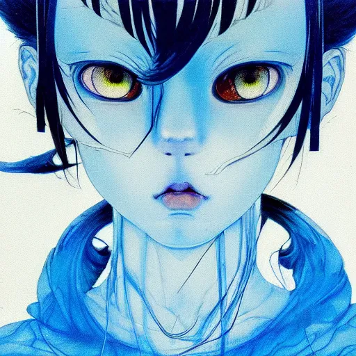 Image similar to prompt : blue portrait soft light painted by james jean and katsuhiro otomo, inspired by evangeleon anime, smooth face feature, intricate oil painting, high detail illustration, sharp high detail, manga and anime 1 9 9 0