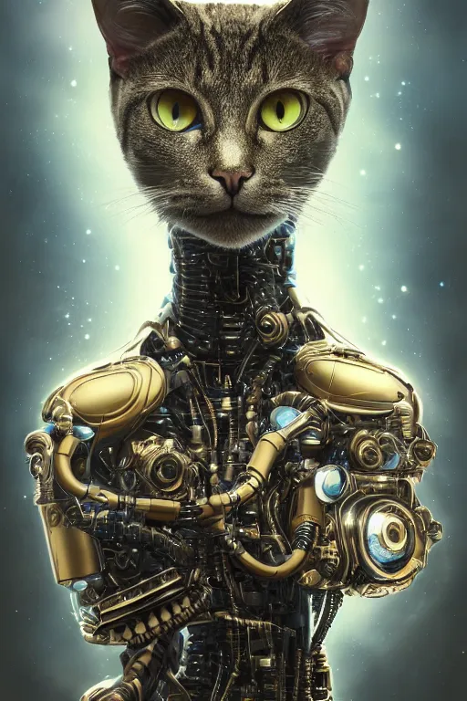 Image similar to a beautiful ultradetailed fine art photo of a futuristic cybernetic cyborg cat against galactic space, by tom bagshaw and natalie shau, portrait, 3 5 mm lens, golden ratio composition, detailed face, studio photography, very detailed, deep depth of field, humanoids, industrial robotic cats, artstation, 8 k, highly coherent