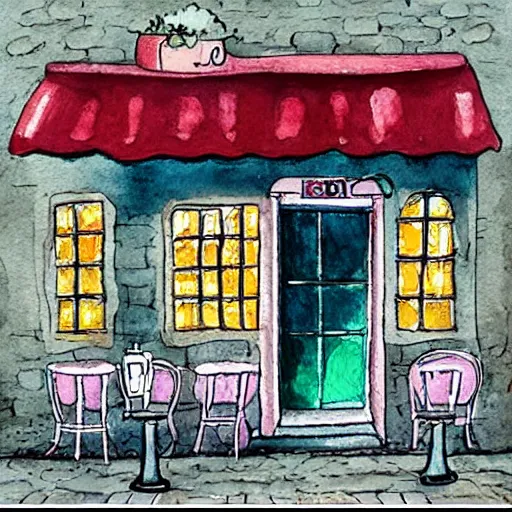 Prompt: beautiful cute cozy very little cafe on a cobblestone street, cute cartoon, low detail, white background, watercolor, 4 colors!!!