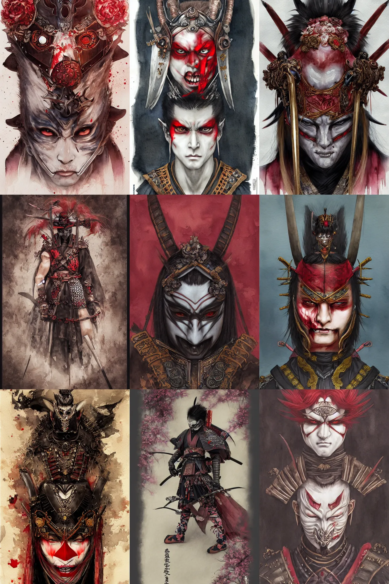 Prompt: watercolor painting of a male japanese bjd samurai warrior vampire wearing a samuria mask in the style of dark - fantasy painted by yoshitaka amano, tom bagshaw, ayami kojima, dmt art, symmetrical vogue face portrait, intricate detail, artstation, cgsociety, artgerm, rococo, sakura flowers, red, bronze