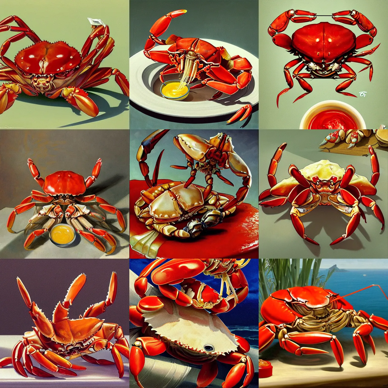 Prompt: dutch master painting of a muscular crab holding ketchup packets in his claws, relaxing, happy, path traced, highly detailed, high quality, digital painting, by studio ghibli and alphonse mucha, beautiful details, soft and warm