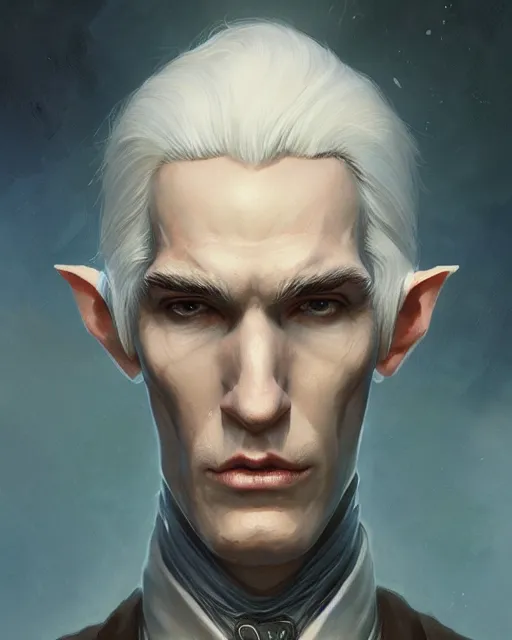 Image similar to character portrait of a slender half - elven man with white hair and blue eyes, by greg rutkowski, mark brookes, jim burns, tom bagshaw, trending on artstation