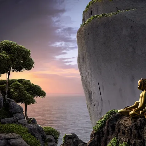 Prompt: a stunning 3 d render of a jesus, the buddah, and fredrick nietzsche sitting on a cliff facing away from the camera in the rain watching the sunrise over the ocean, turbulent ocean in the background, intricate, elegant, highly detailed, artstation, ultra sharp focus, octane render, volumetric lighting, in a neoclassical and baroque style