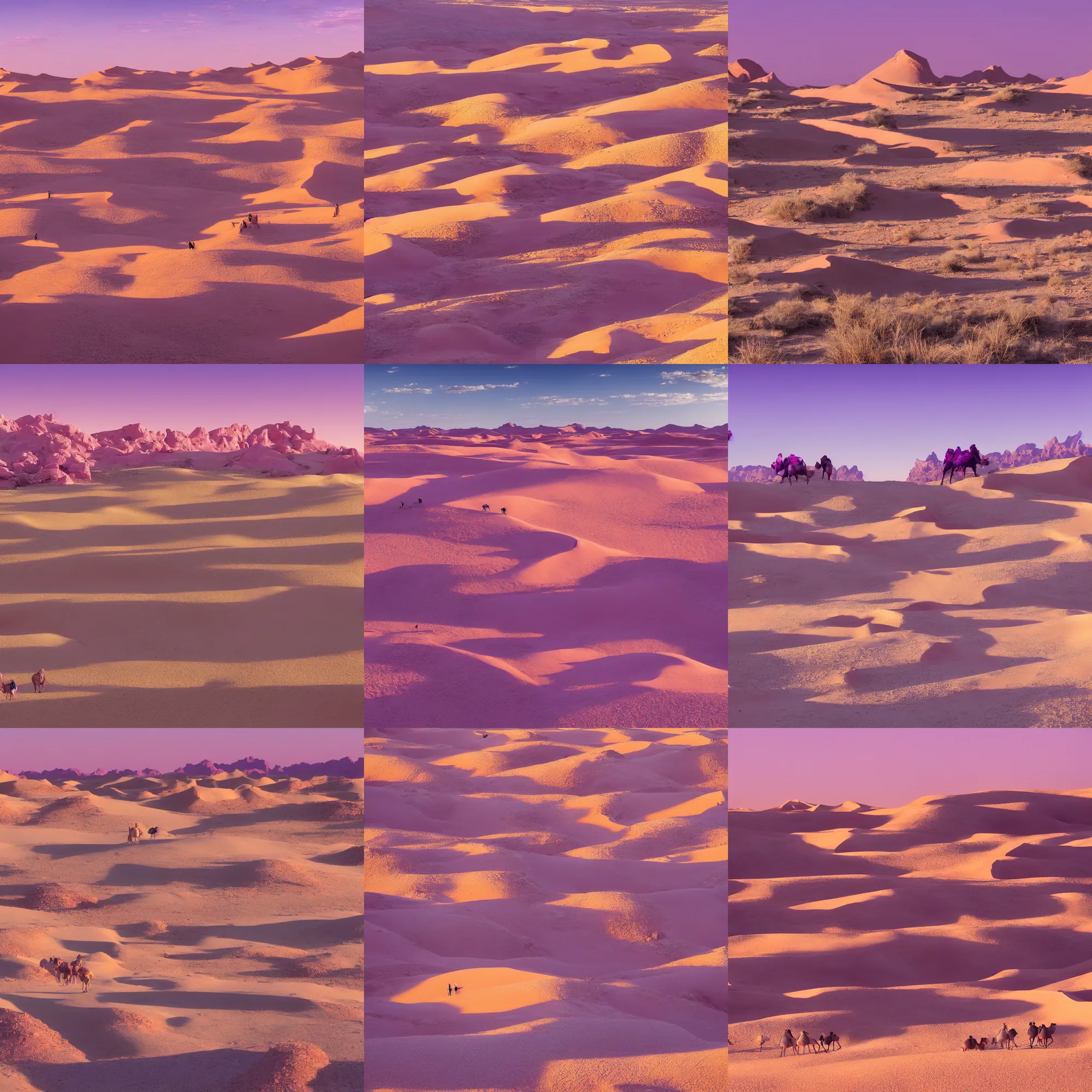 Prompt: desert dunes with crystal mountains on the background, pink and purple,Camels with people, artistic, fantasy landscape, dramatic light, highly detailed, wide shot, photorealistic, golden hour, oasis infront, super wide shot, intricate