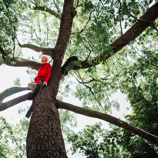 Image similar to elderly woman stuck up a tree, screaming, canon eos r 3, f / 1. 4, iso 2 0 0, 1 / 1 6 0 s, 8 k, raw, unedited, symmetrical balance, wide angle