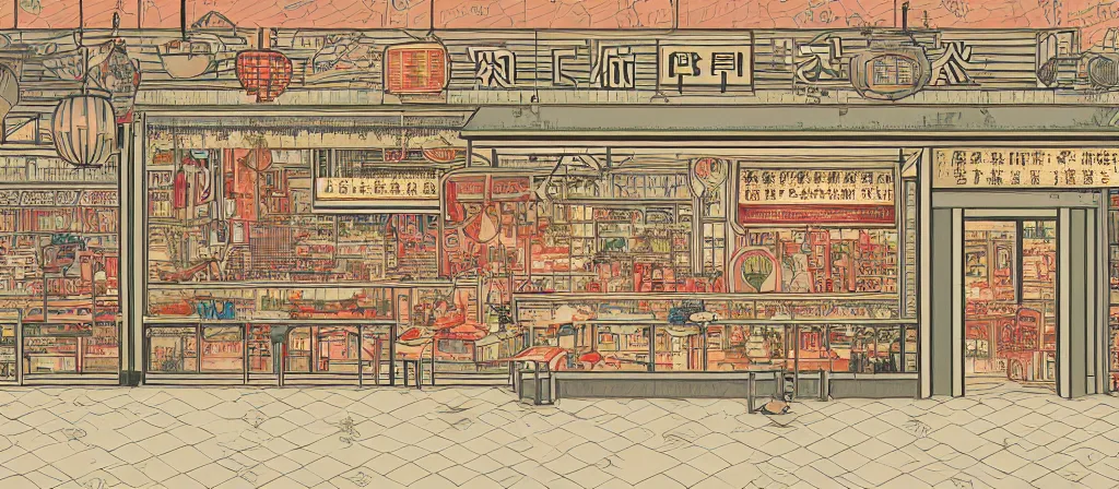 Image similar to a beautiful simple 4 k hd wallpaper illustration of interior view display of the corner of roasted string hotpot shop, simple style, from china, with merchant logo, simple structure, surrealistic, chinese style, victo ngai, james jean, denoise, deblurring