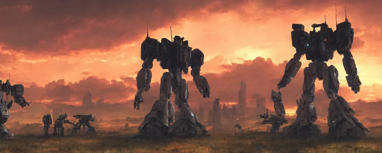 Image similar to A real photo of a giant mechwarrior robot and the sunset in the distance, by Josan Gonzalez, Yoji Shinkawa and Geof Darrow, highly detailed, Unreal Engine Render, 3D, 8k wallpaper