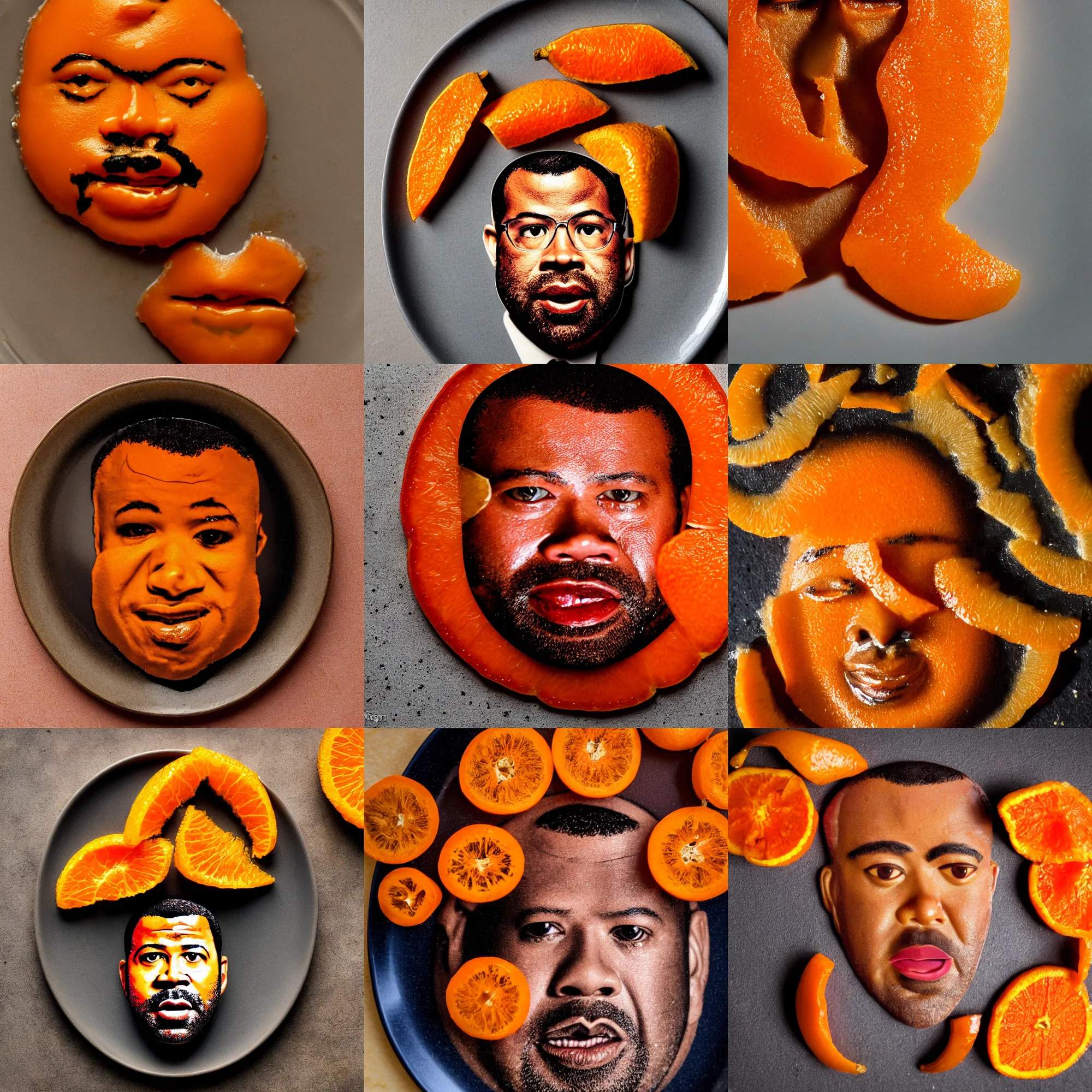 Prompt: orange peels that look like jordan peele, jordan peele's face, on a plate, macro shot, high detail photo