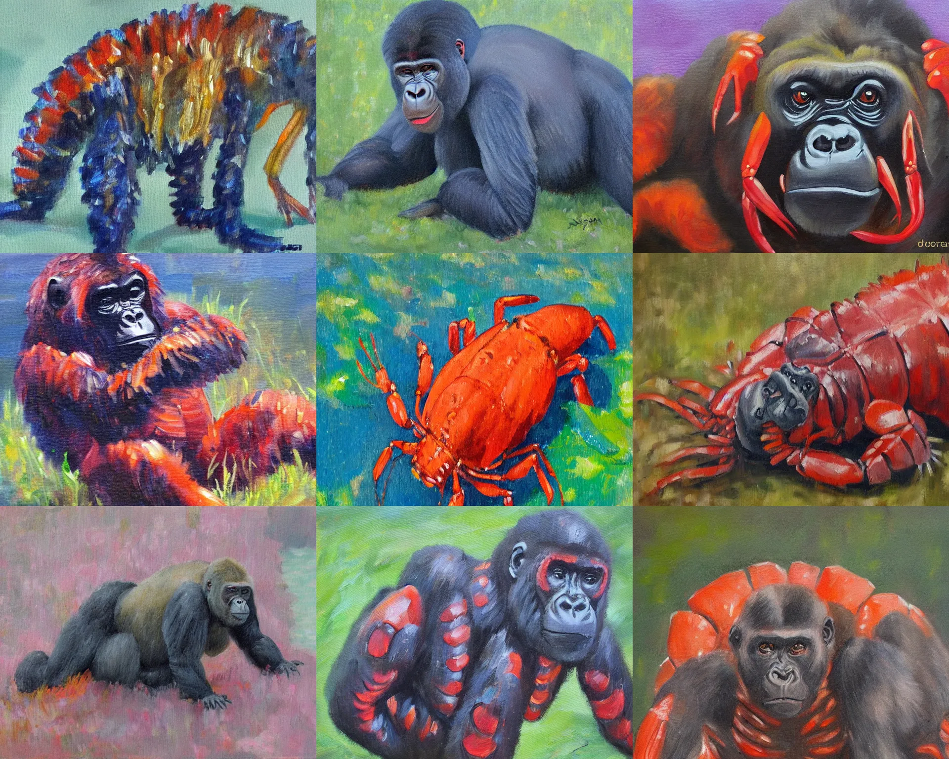 Prompt: impressionist oil painting of a hybrid gorilla lobster