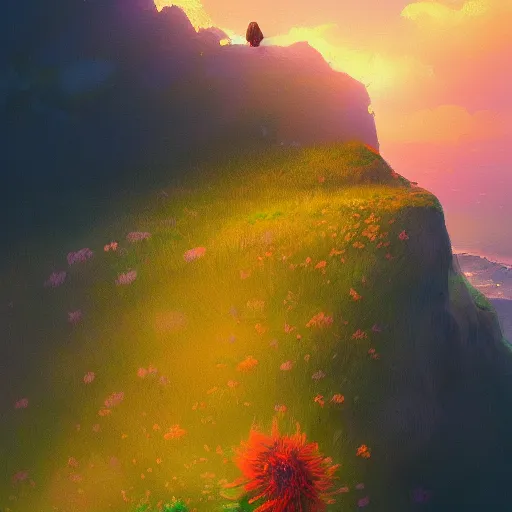 Image similar to closeup, giant flower head, girl standing on cliff, surreal photography, sunrise, blue sky, dramatic light, impressionist painting, digital painting, artstation, simon stalenhag