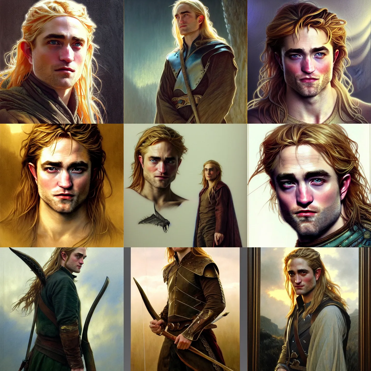 Prompt: ((((Robert Pattinson)))) as (Legolas) by Alan Lee, (golden hour), concept art, detailed clothing, art station, oil painting, art by artgerm and greg rutkowski and alphonse mucha