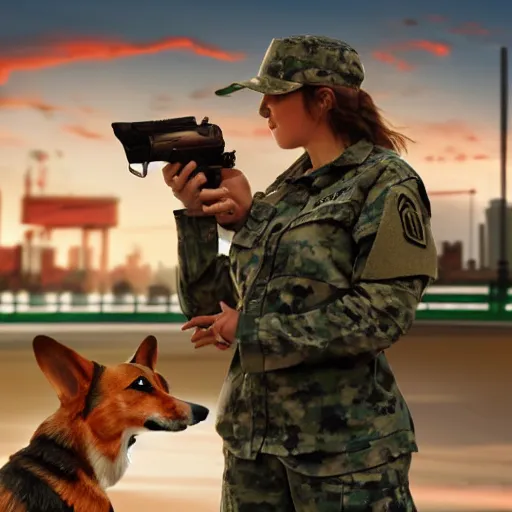 Image similar to female soldier with corgi sniffer dog in sci-fi city, digital art