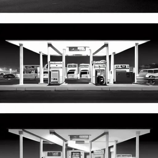 Image similar to a gas station at night by emiliano ponzi, george ault, featured on polycount, bauhaus, concept art, matte drawing, reimagined by industrial light and magic