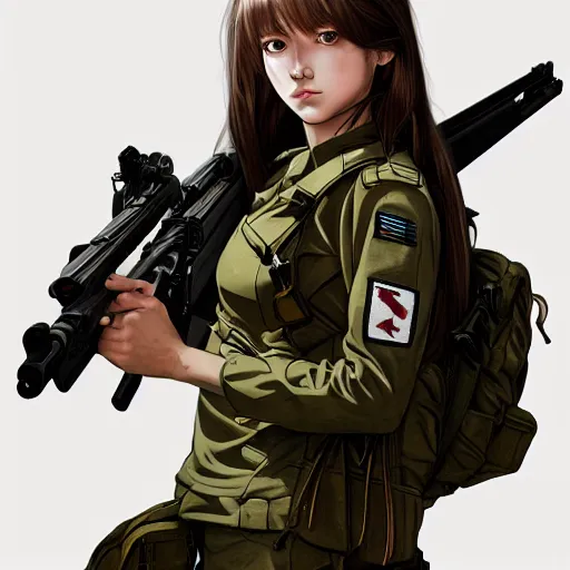 Prompt: soldier girl, british army, anime style, long hair, hair down, symmetrical facial features, girls frontline cg, hyper realistic, pale skin, 4 k, rule of thirds, extreme detail, detailed drawing, trending artstation, hd, backpack, d & d, realistic anatomy, by alphonse mucha, greg rutkowski, sharp focus, backlit