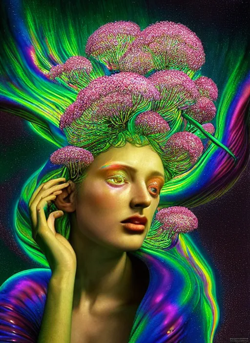 Prompt: hyper detailed 3d render like a Oil painting - Aurora (metallic iridescent rainbow sexy faced goddess) seen Eating of the Strangling network of yellowcake aerochrome and milky Fruit and Her delicate Hands hold of gossamer polyp blossoms bring iridescent fungal flowers whose spores black out the foolish stars by Jacek Yerka, Mariusz Lewandowski, Houdini algorithmic generative render, Abstract brush strokes, Masterpiece, Edward Hopper and James Gilleard, Zdzislaw Beksinski, Mark Ryden, Wolfgang Lettl, hints of Yayoi Kasuma, octane render, 8k