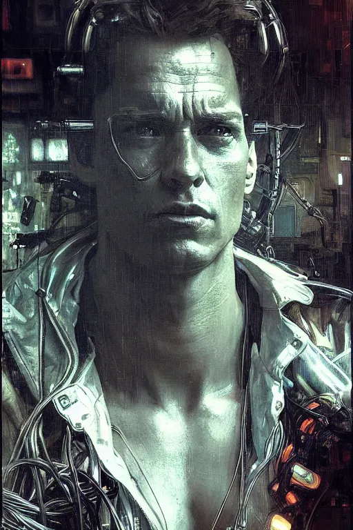 Image similar to hyperrealist portrait of the terminator, it is decorated with wires and monitors in the background. by jeremy mann and alphonse mucha, fantasy art, photo realistic, dynamic lighting, artstation, poster, volumetric lighting, very detailed faces, 4 k, award winning