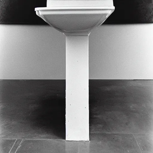 Image similar to Fontaine by Marcel Duchamp on a pedestal a a white cube museum, upside down readymade urinal, courtesy of Centre Pompidou, 35 mm film