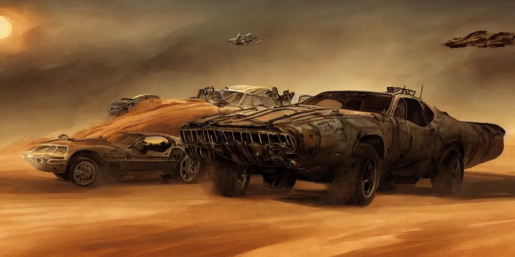 Prompt: an environmental concept art from mad max fury road, single muscle car speeding through the desert, highly detailed, cinematic, dramatic lighting by francis tneh